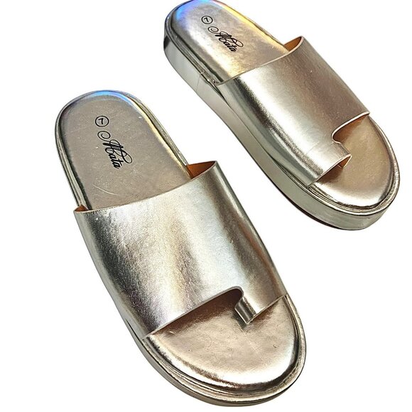 Metallic -Strap Slide Sandals - Silver - Picture 1 of 1